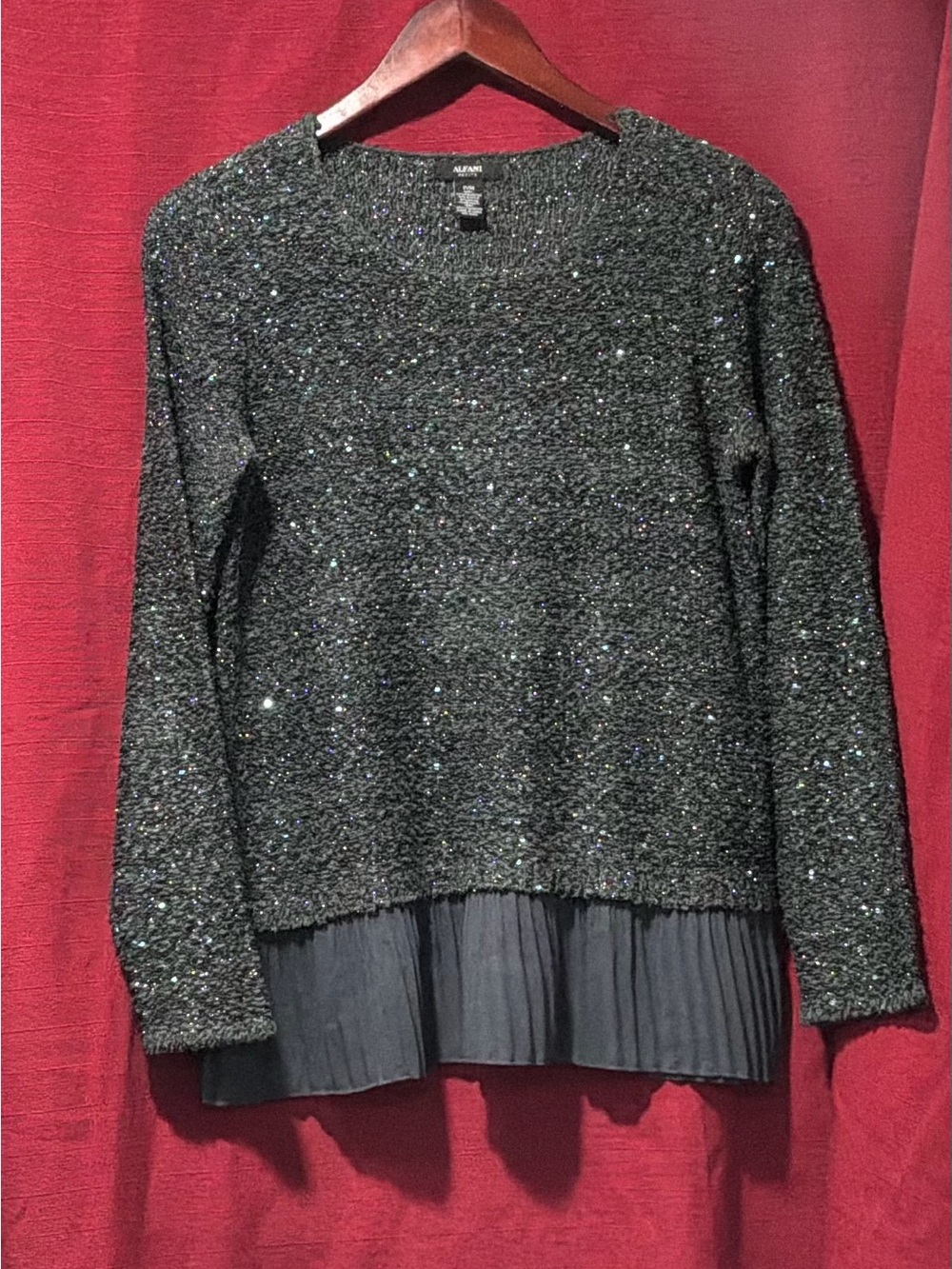Alfani Black Sparkle Crewneck Sweater with Pleated Hem Panel